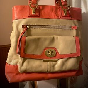 Large Coral and Cream COACH Shoulder Bag